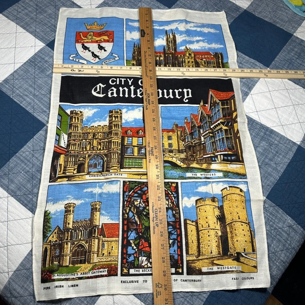 Vintage City of Canterbury Pure Irish Linen Tea Towel Souvenir England Landmarks